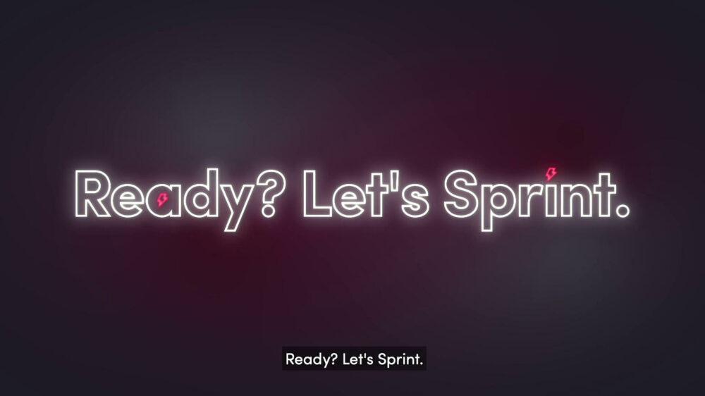 Glowing text on a dark background reads, "Ready? Let's Sprint." with a small lightning bolt symbol in the letters.