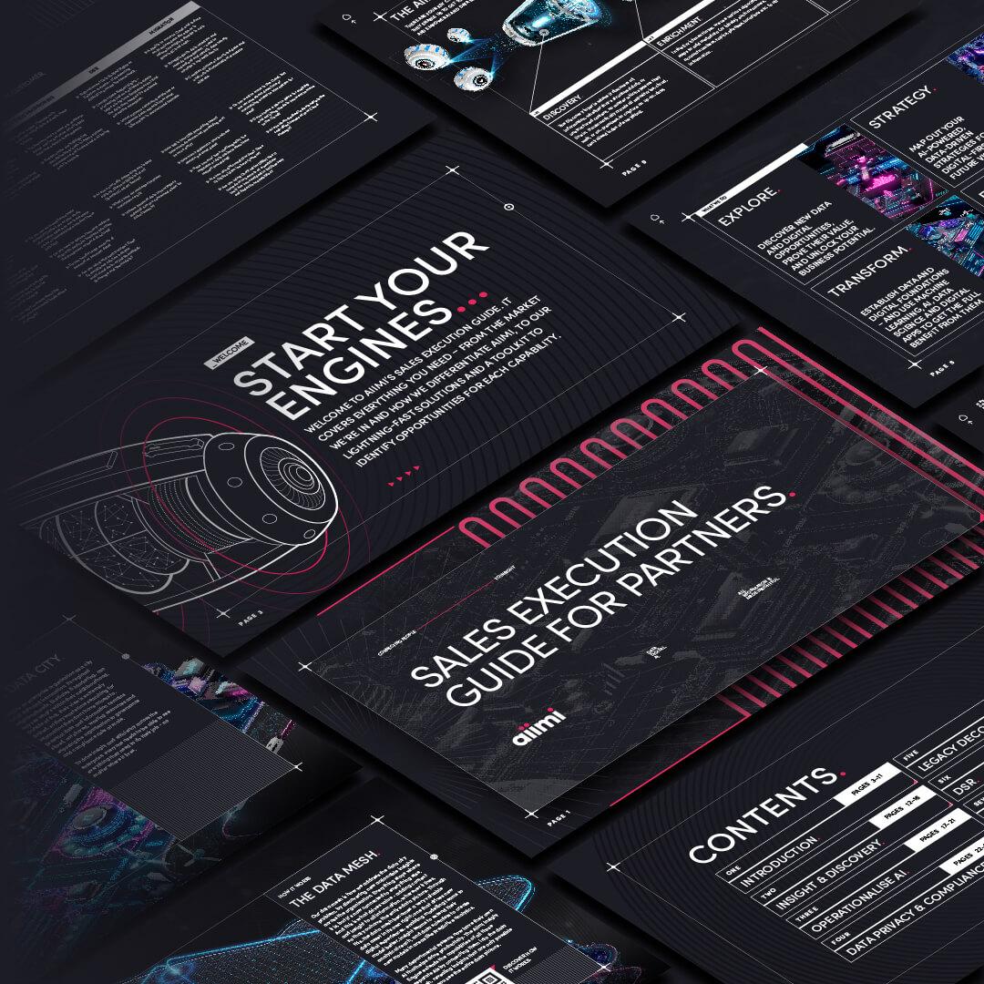 Cluster of presentation slides documenting the Aiimi Sales Execution Guide for Partners.