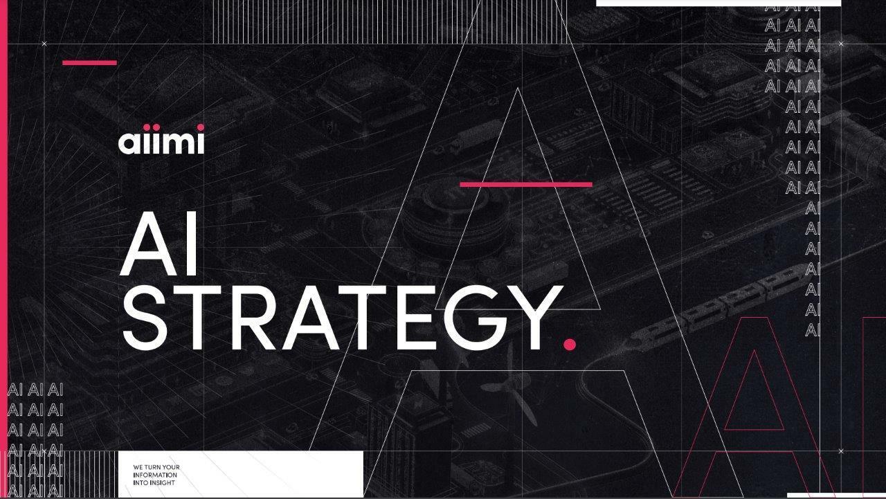 Abstract design with "AI STRATEGY" text, featuring geometric lines and patterns, and the logo "aiimi" in the top left corner.