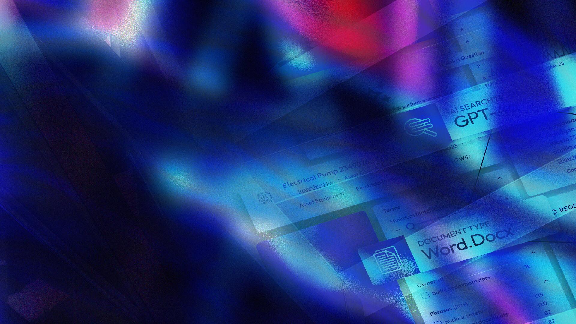 Abstract image with blurred blue and purple hues, featuring faint overlays of text and digital interface elements.