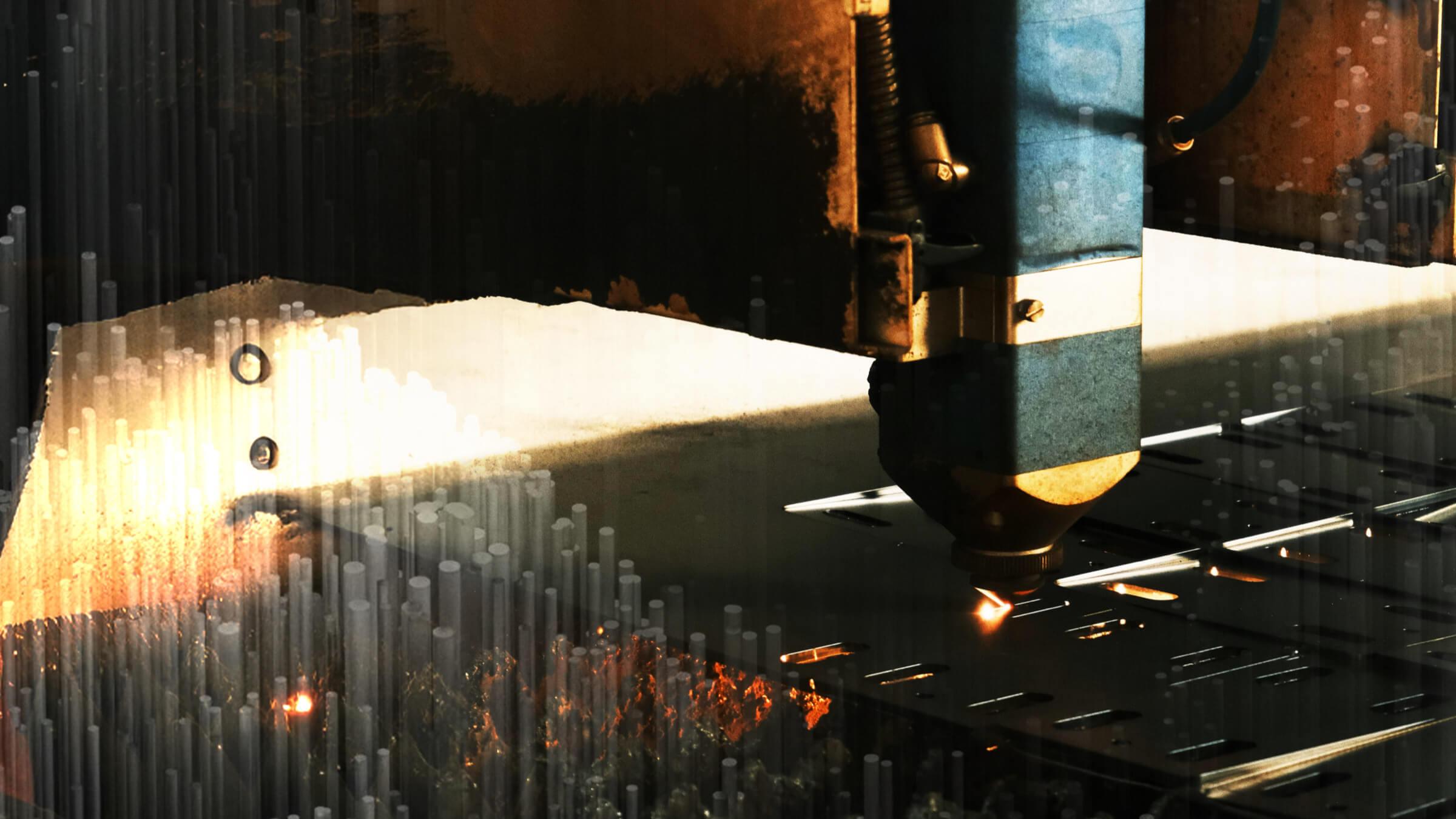 A laser cutting machine precisely cuts through a metal sheet, emitting sparks and a bright glow, with cylindrical patterns in the background.