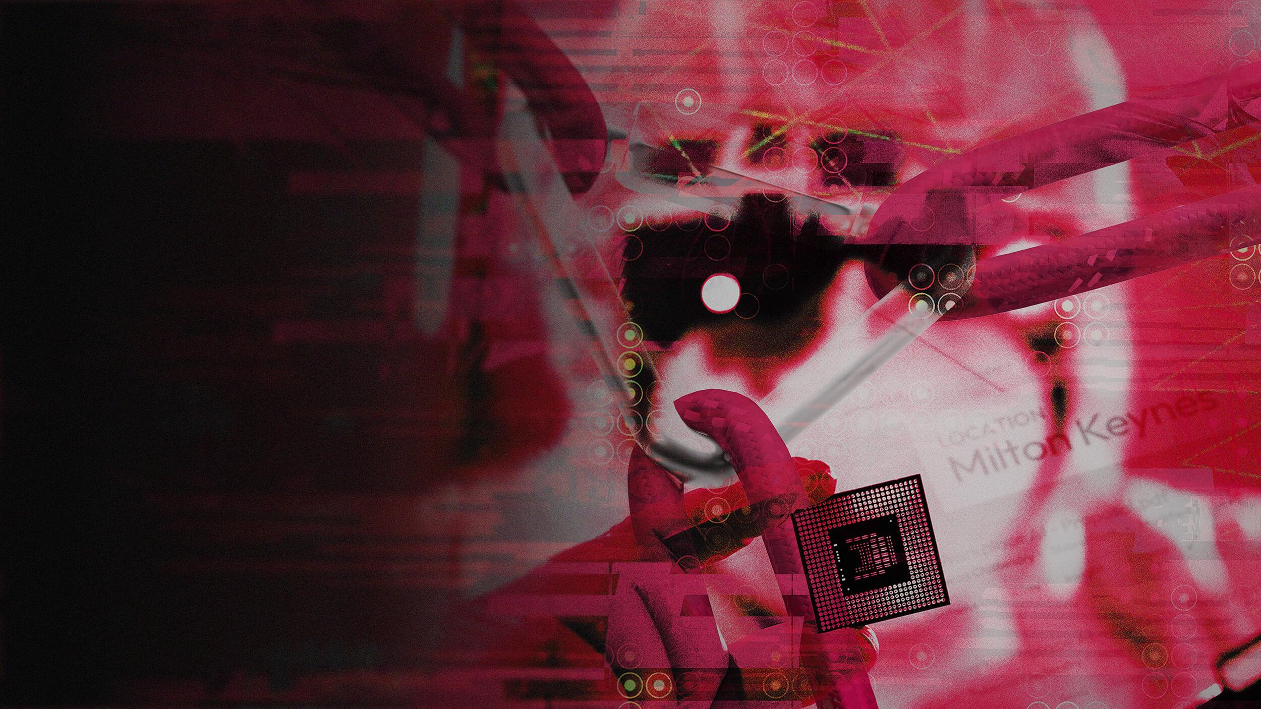 Abstract image with a red overlay, featuring a hand holding a microchip, chains, and the text "LOCATION: Milton Keynes."