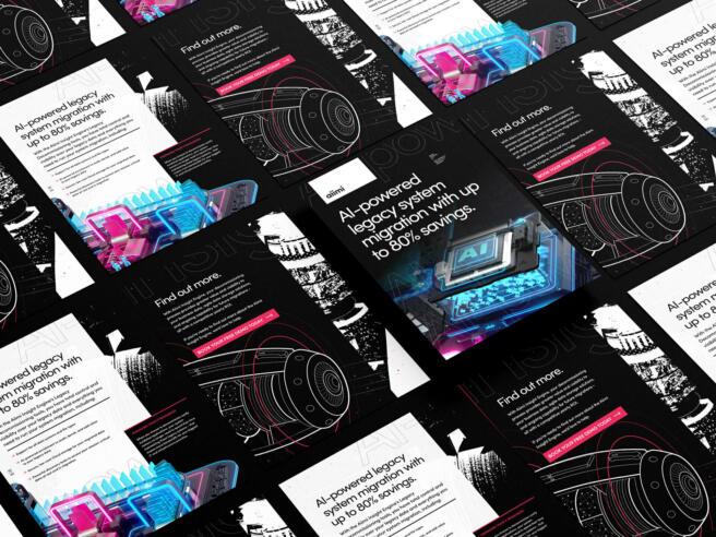 A grid of futuristic tech-themed flyers featuring AI-powered legacy system migration with up to 80% savings, showcasing circuit and gear graphics.