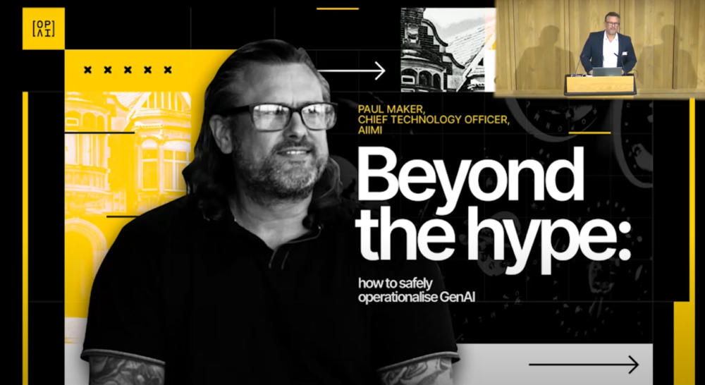 Man with glasses and tattoos, labeled as Paul Maker, on a tech-themed background with the text "Beyond the hype: how to safely operationalise GenAI."