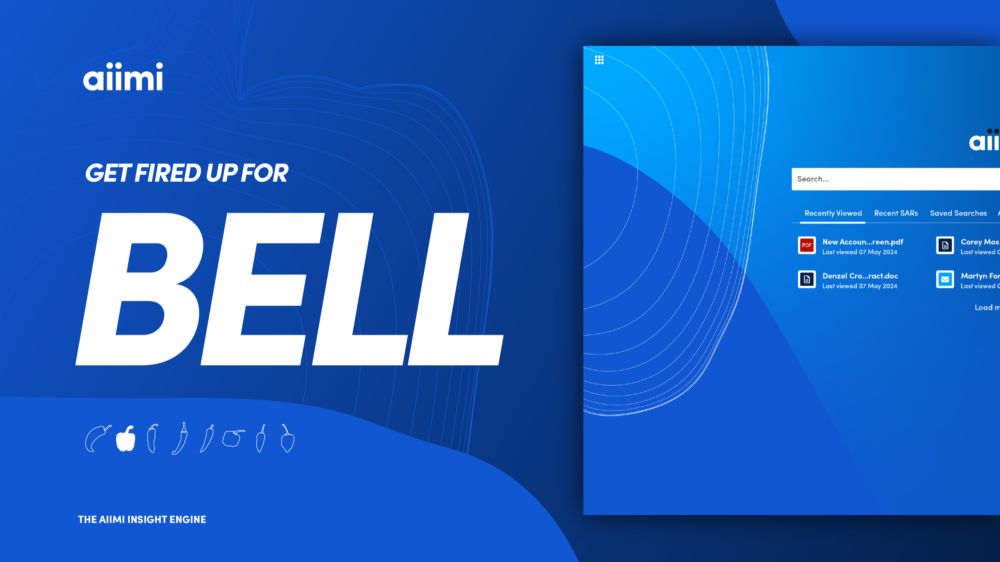 Blue-themed promotional graphic for Aiimi, featuring the text "Get Fired Up for Bell" with a search interface and abstract wave patterns.