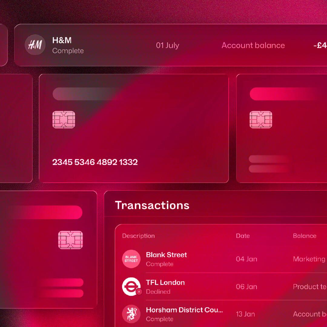 Digital banking interface displaying recent transactions, card number, and account balance with a red gradient background.