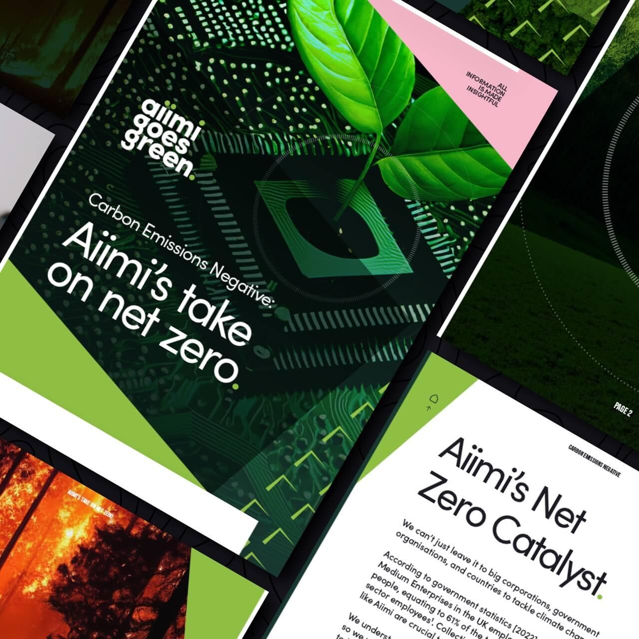 Collage of Aiimi's environmental publications featuring green leaves, digital graphics, and text on carbon emissions and net zero strategies.