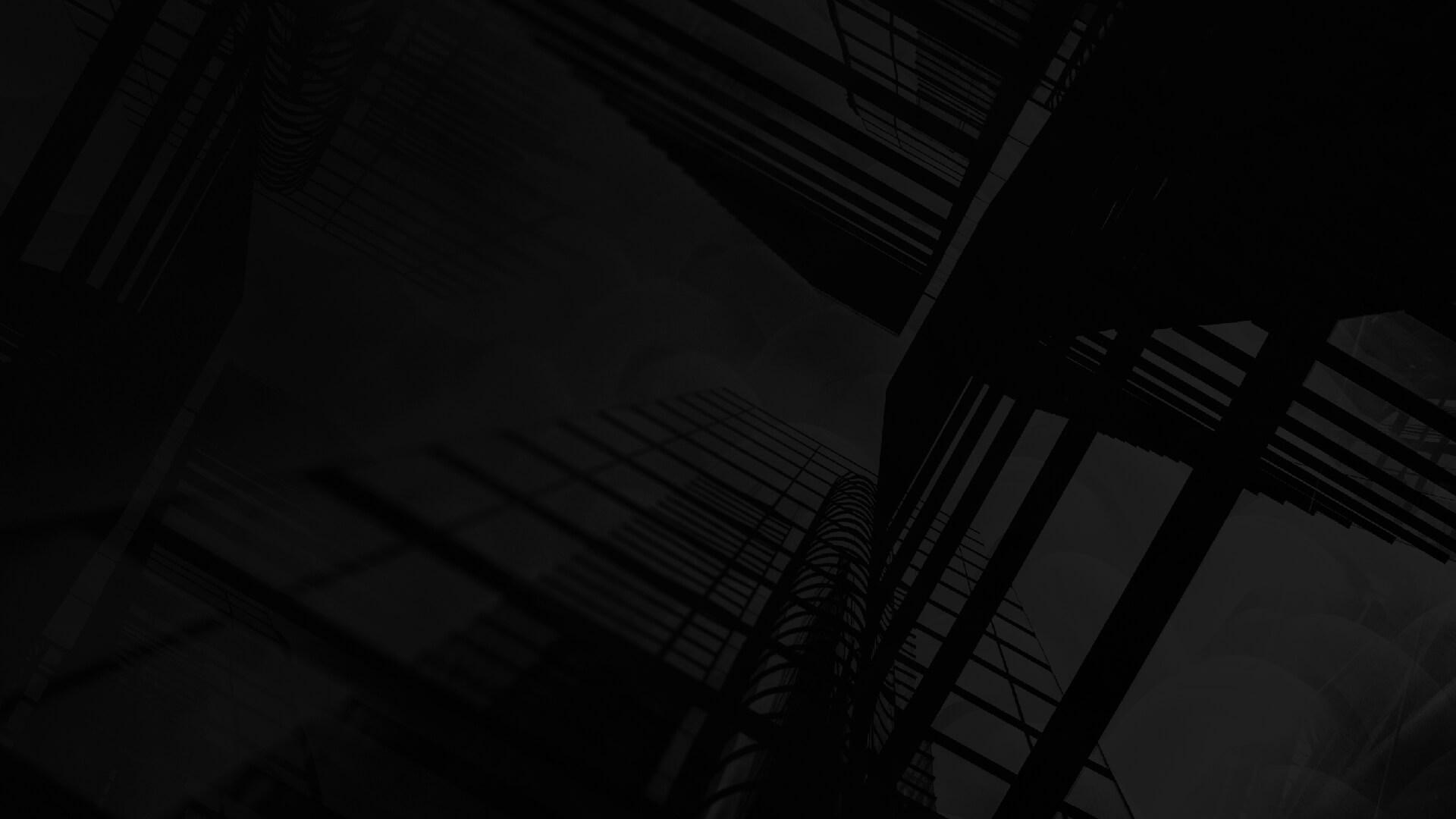 Dark abstract image of intersecting geometric structures and shadows, creating a complex, layered pattern.