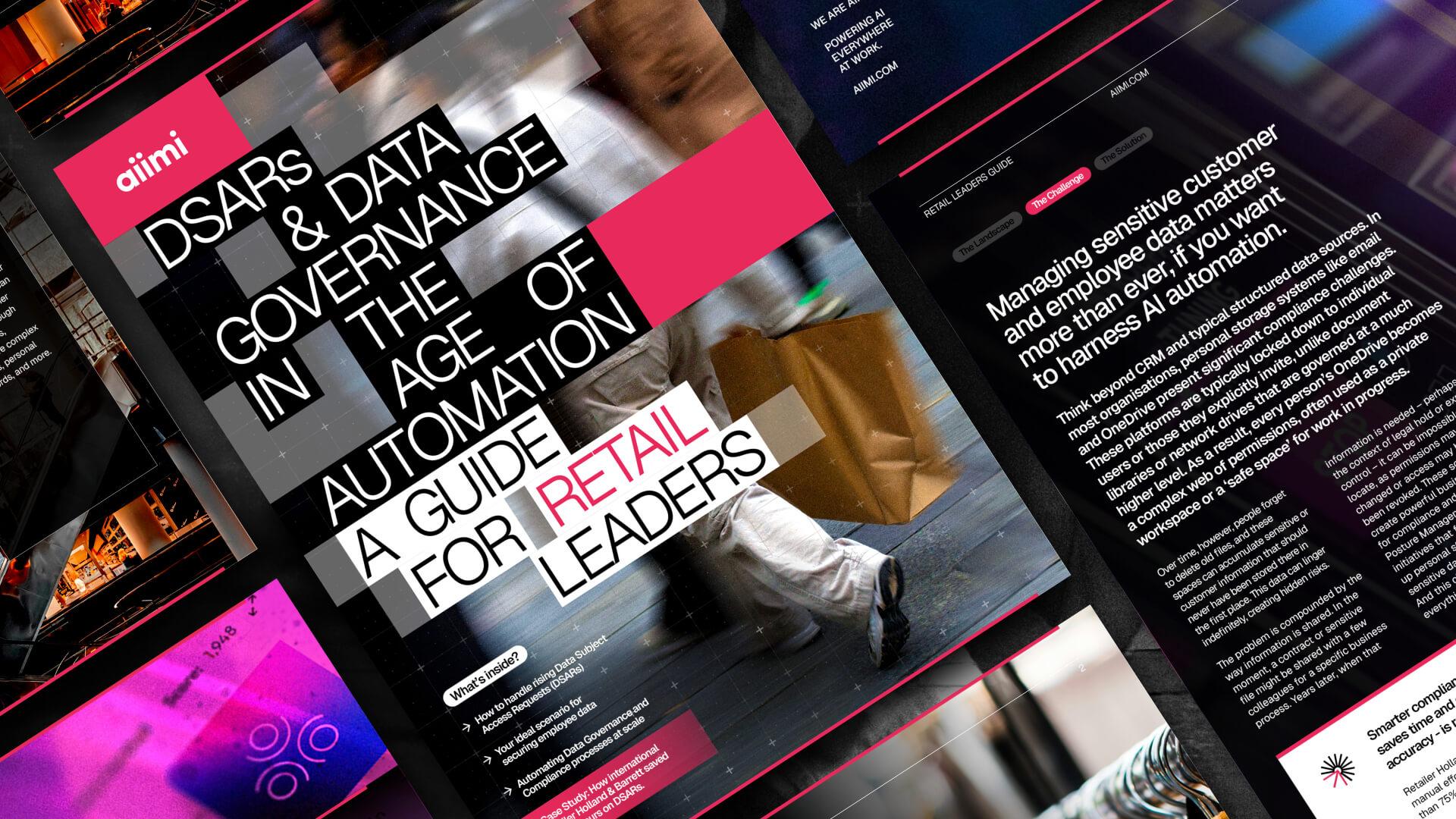 Guide cover with the headline "DSARs & Data Governance in the Age of Automation: A Guide for Retail Leaders" featuring articles on AI and data management.