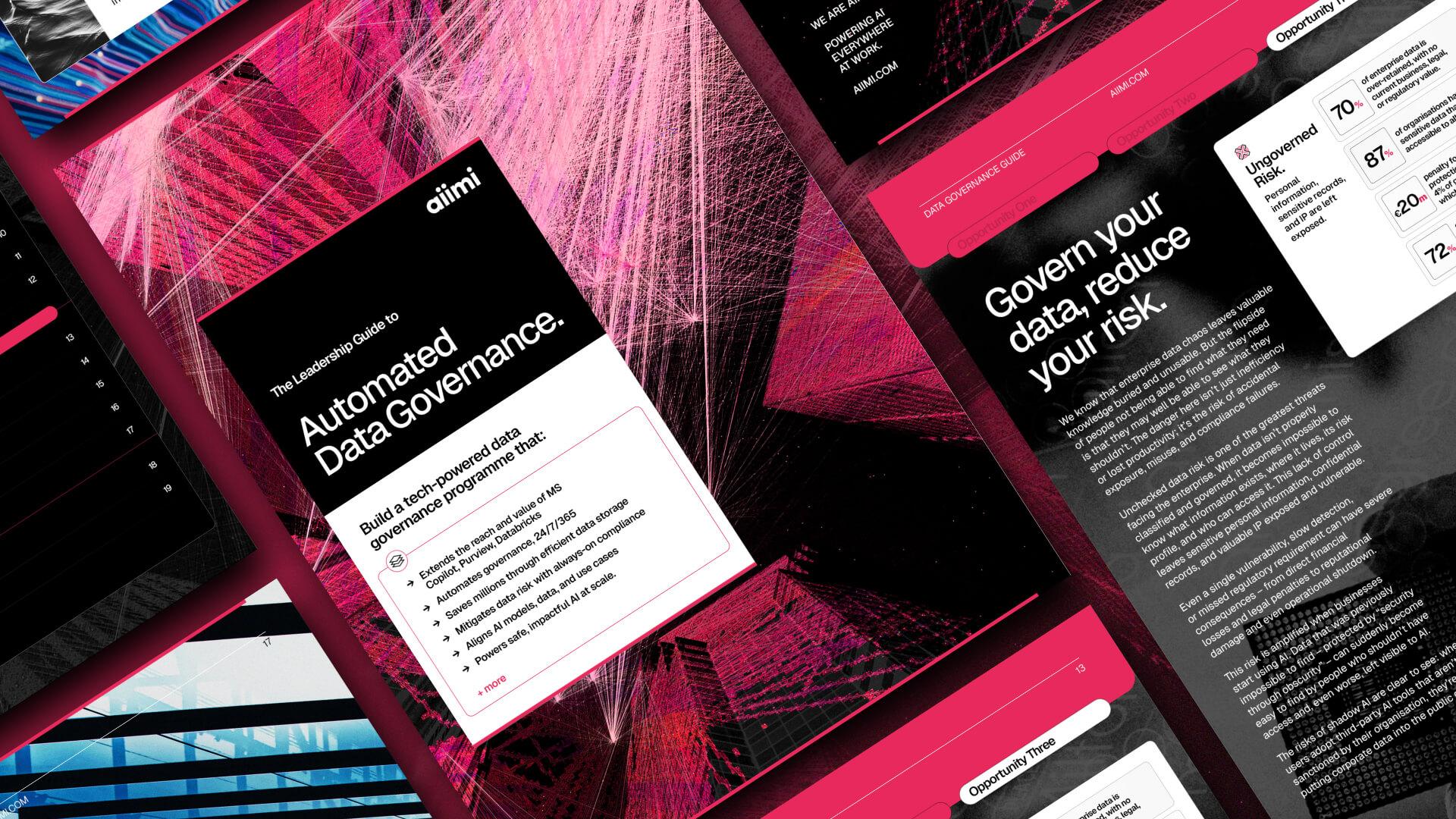 A vibrant graphic design featuring a guide on automated data governance with bold text, pink and black colors, and digital abstract lines.