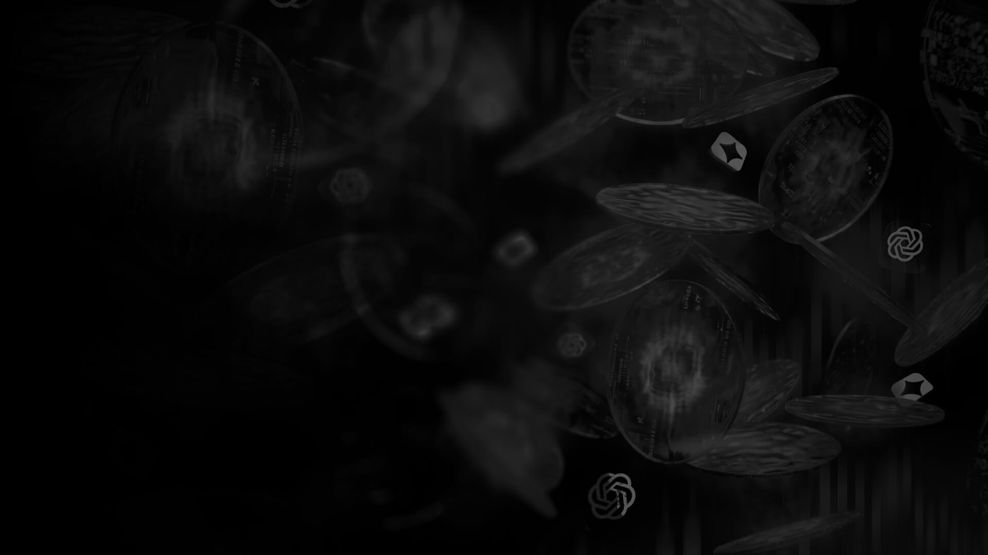 A dark, abstract image featuring translucent discs and faint logos against a black background, creating a mysterious, floating effect.