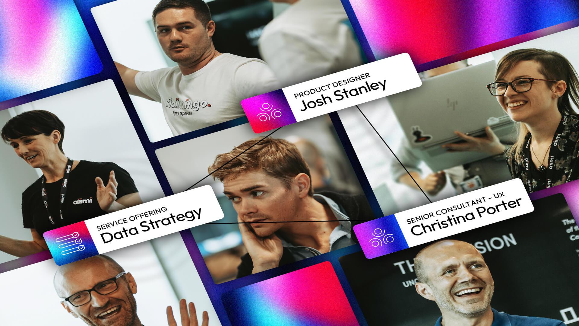 Collage of professionals at a tech event, featuring roles like Data Strategy and Product Designer, with name tags and candid interactions.