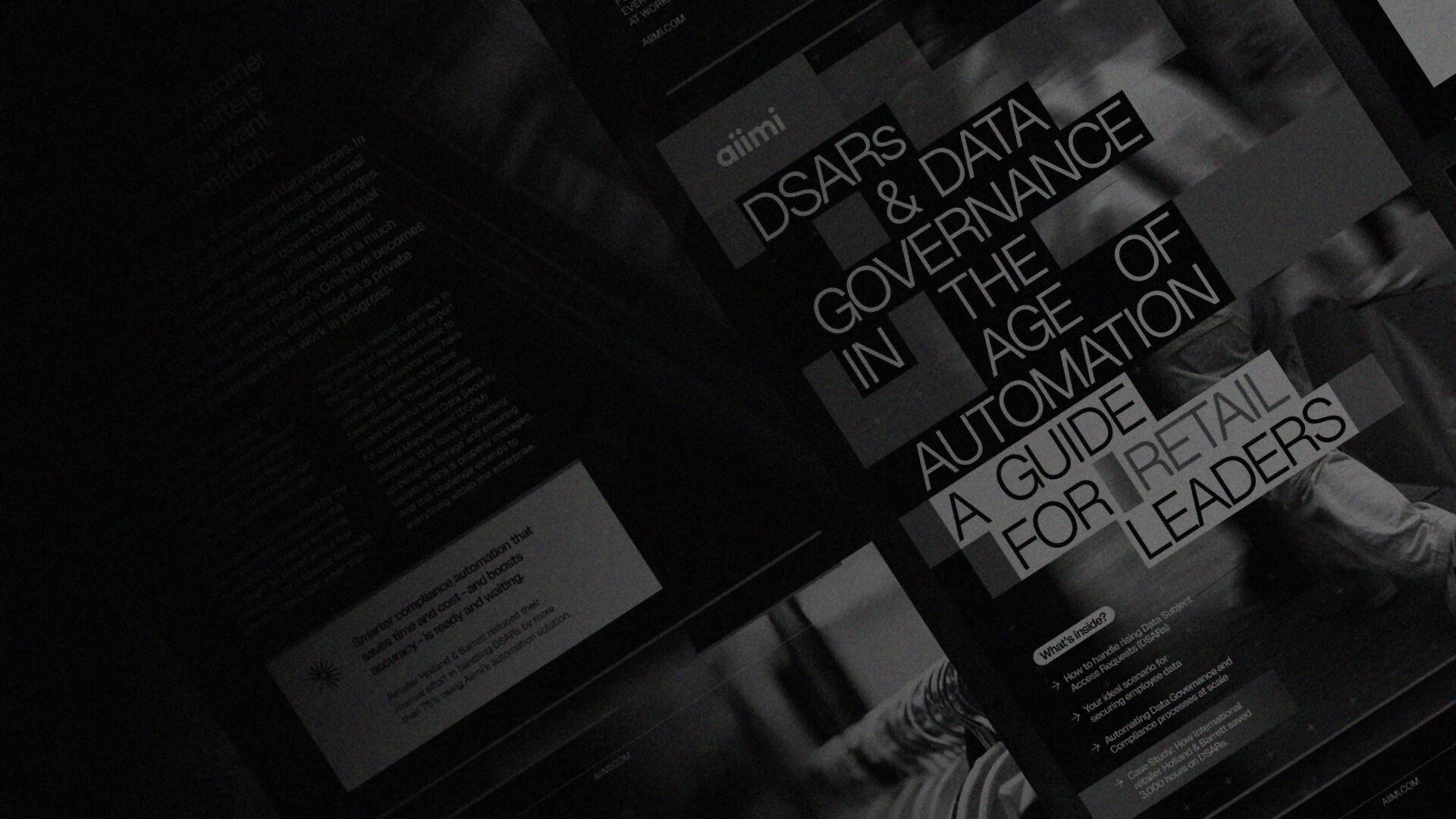A black and white digital cover featuring the text "DSARs & Data Governance in the Age of Automation: A Guide for Retail Leaders" with blurred imagery.