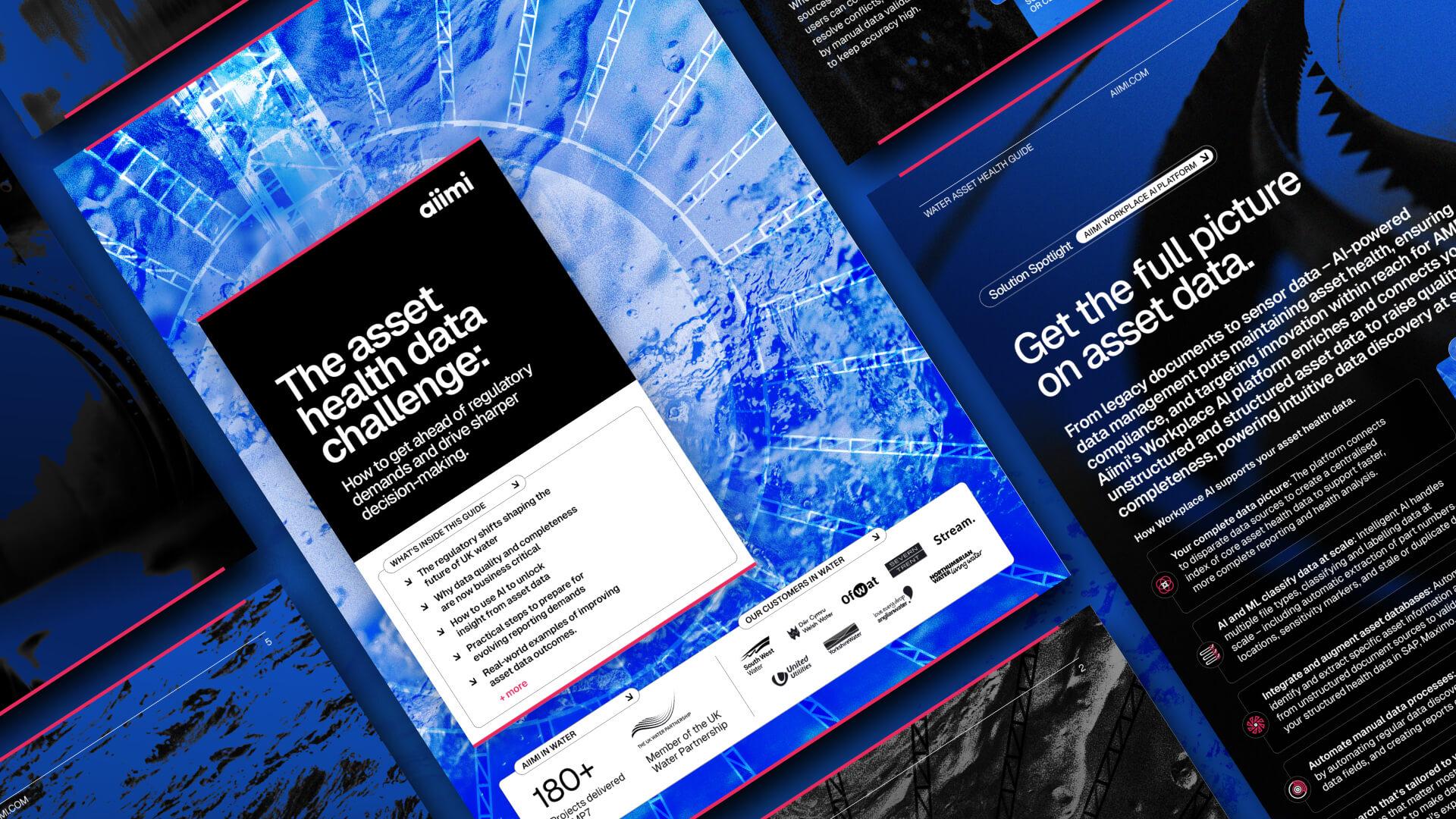 Digital brochure detailing "The Asset Health Data Challenge" with guides on improving data management, featuring a blue abstract background.