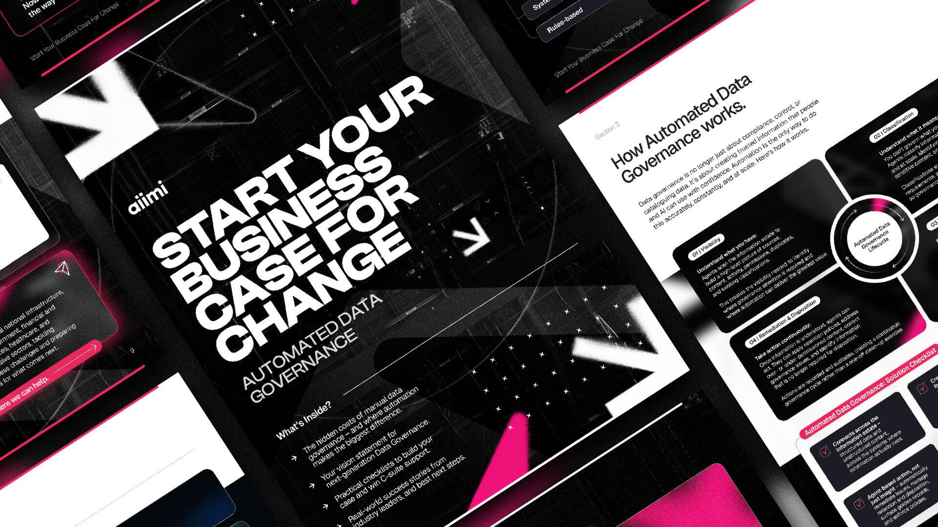 Black and white document design featuring the text "Start Your Business Case for Change: Automated Data Governance" with diagrams and sections on data governance.