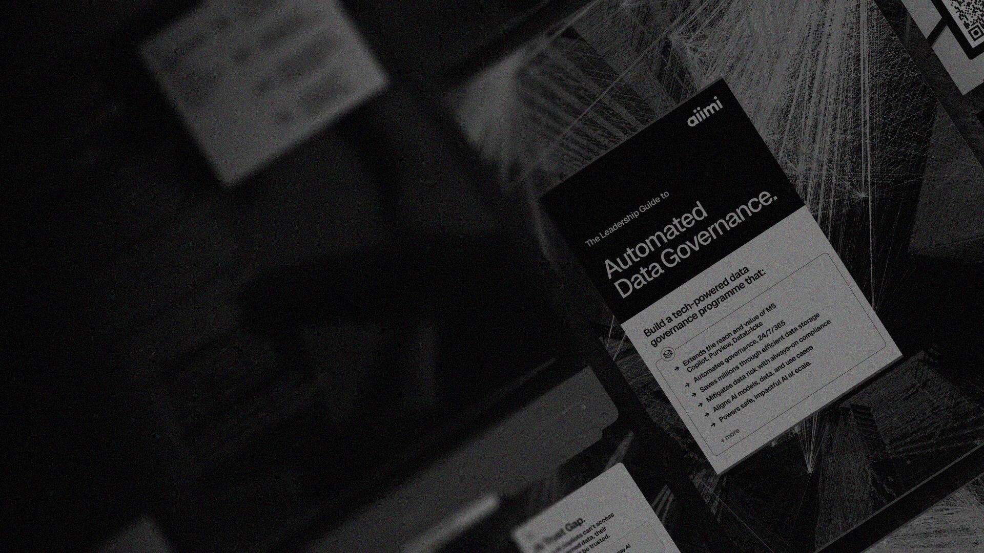 A black and white close-up of a brochure titled "Automated Data Governance" by "aiimi," highlighting benefits of a tech-powered data governance program.