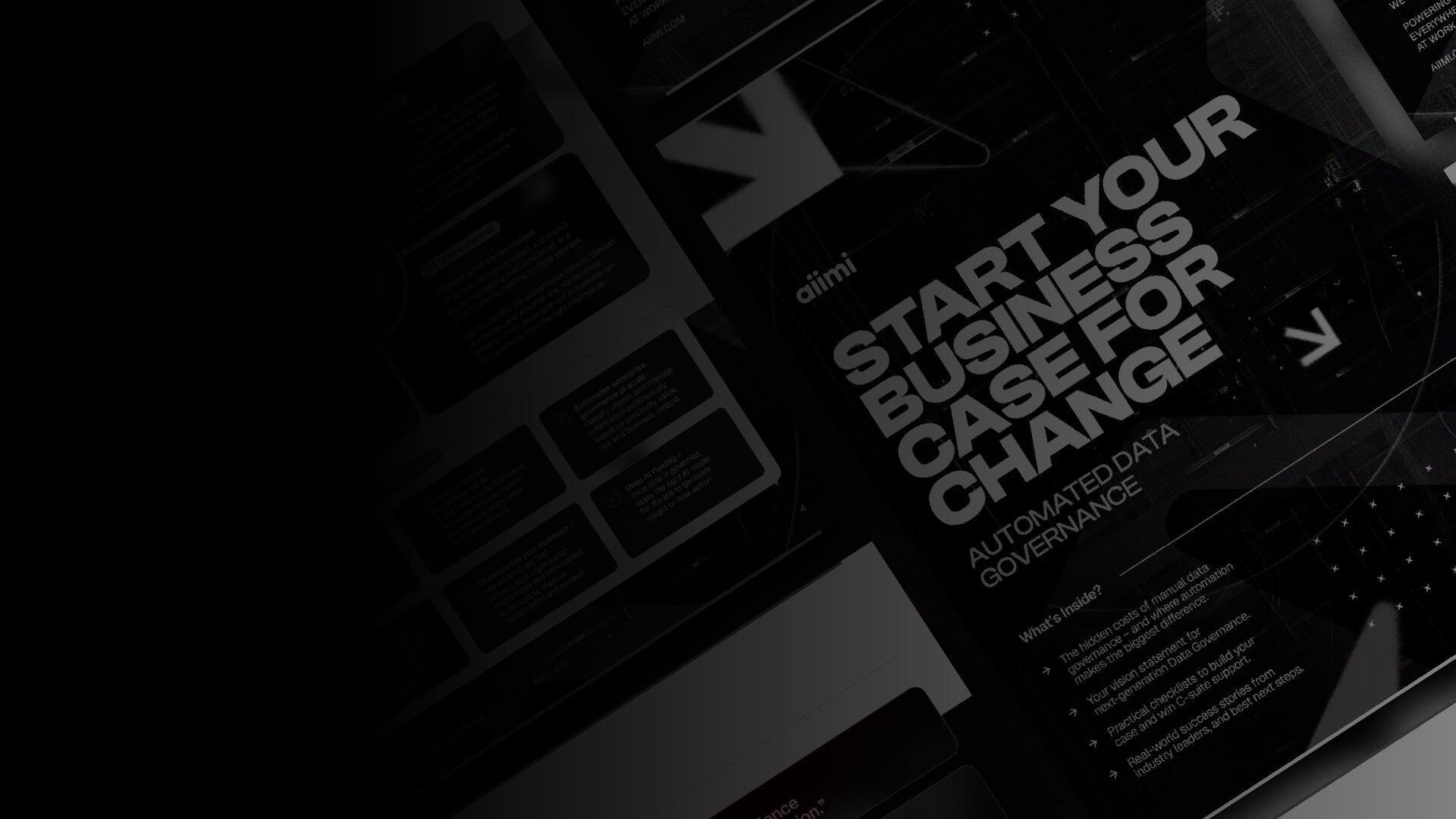 Black and white promotional poster with bold text reading "Start Your Business Case for Change: Automated Data Governance."