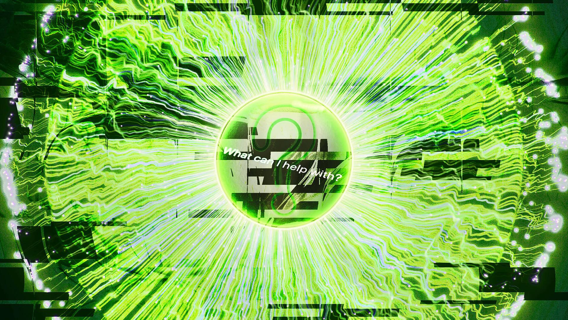 A vibrant green digital vortex with radial lines surrounds a central sphere, displaying the text "What can I help with?" and a glitch effect.