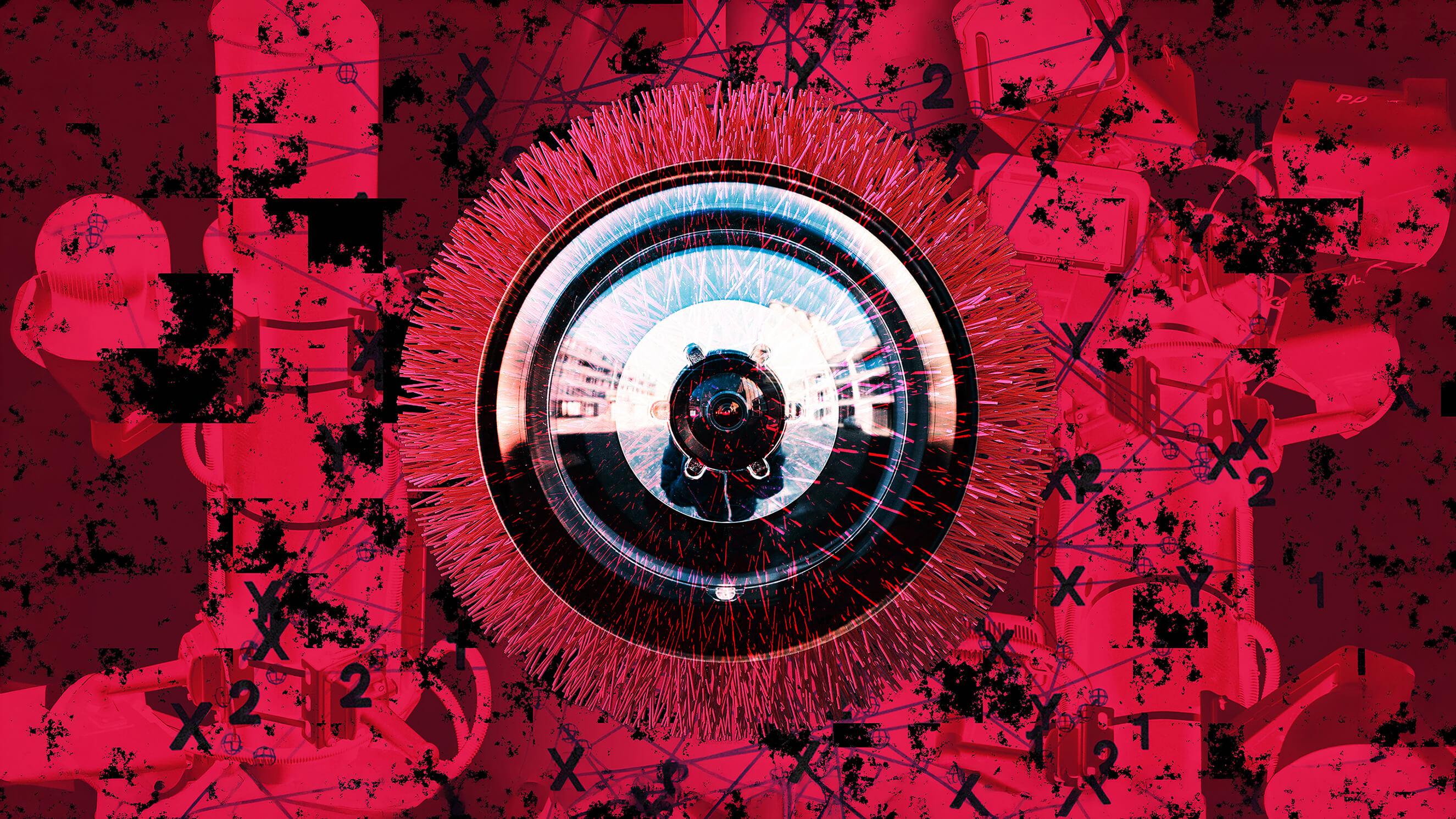 Abstract art with a central circular pattern resembling a lens, surrounded by red and black geometric shapes and numbers.