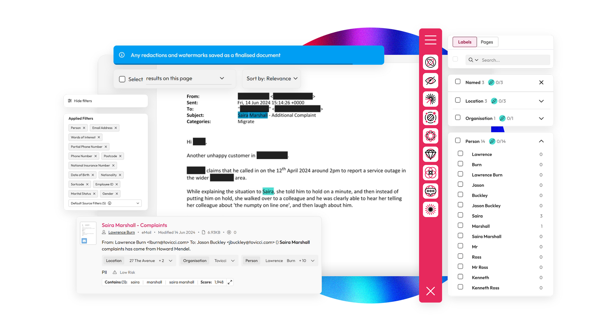 Highlighted email interface showing a complaint about a hotel stay with applied filters, redactions, and various navigation options on the sides.