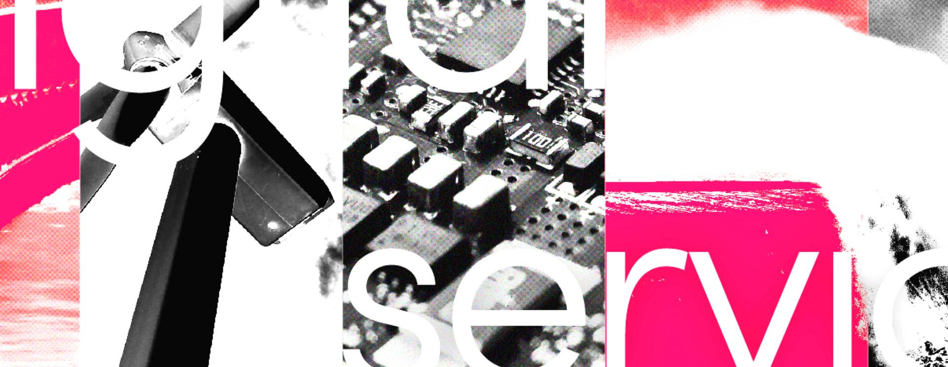 Abstract collage with circuit board, bold red and black elements, and partially visible white text on a vibrant background.