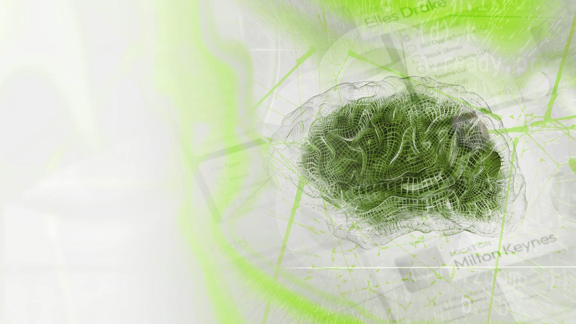 Abstract green and white design with overlapping lines and mesh-like patterns, featuring subtle text, a textured shape, and soft gradients.
