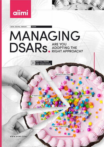 A cake with colorful sprinkles is divided into slices, each labeled with data types. Text discusses managing DSARs.